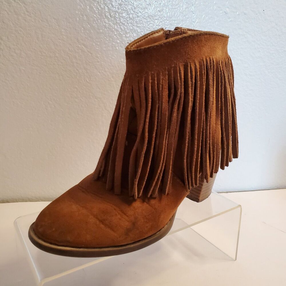 Mossimo Fringe Western Ankle Boots Womens 6 Brown Suede Zipper Block Heel